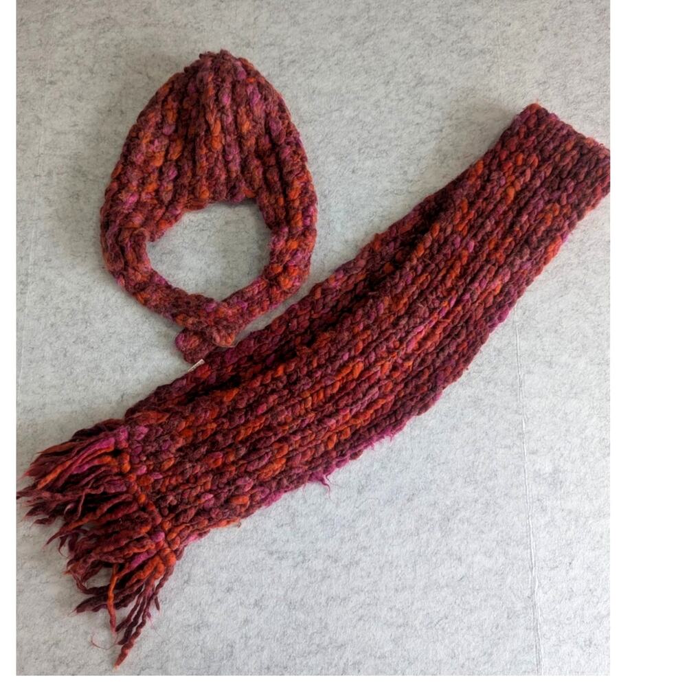 Scarf And Hat Set 55% Wool Red Pink Orange - Picture 4 of 4